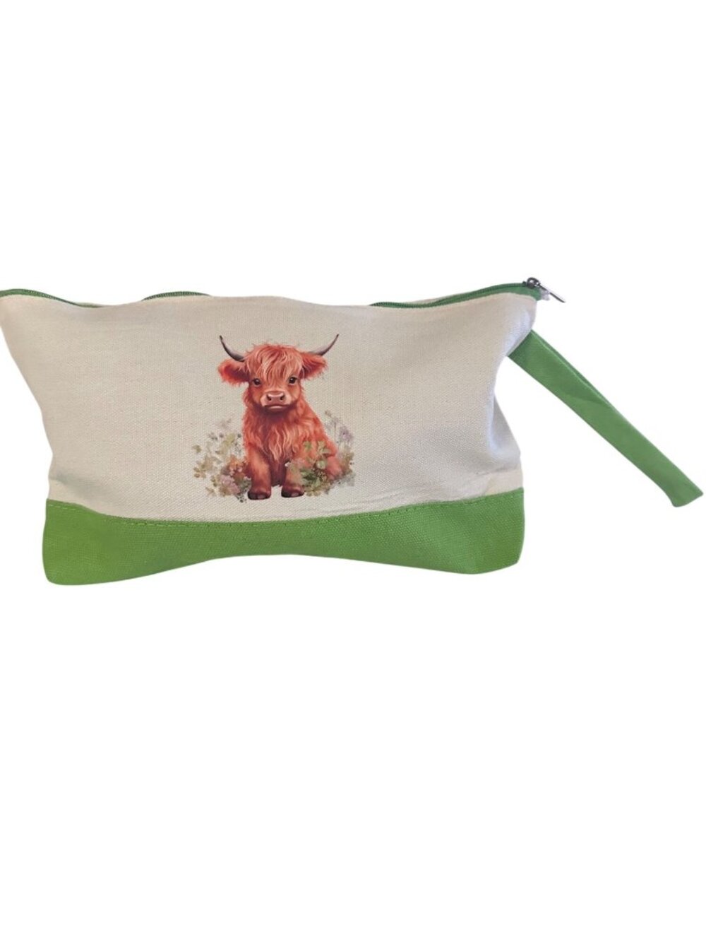 Silkfly light green highland cow in flowers zipper pouch makeup toiletry travel
